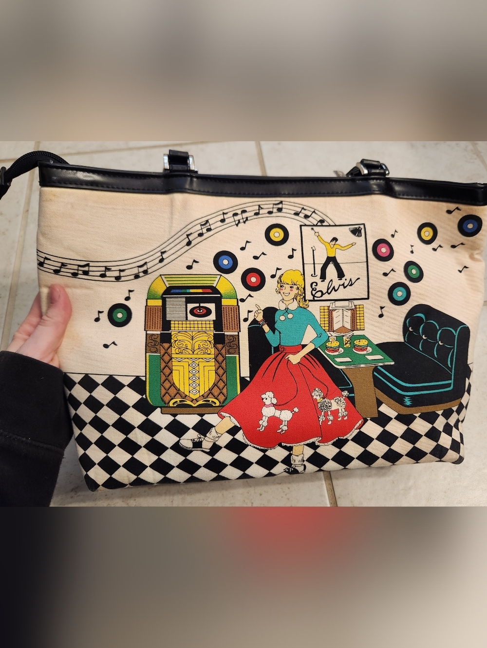 Elvis Presley Tote Bag Collectible 50’s Jukebox Retro Beaded White #K - Picture 2 of 13